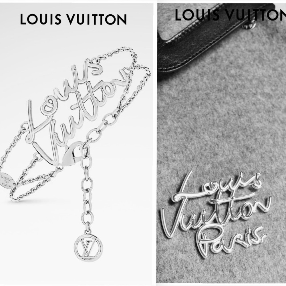 LV Script silver tone Bracelet & Brooch + Dust bag